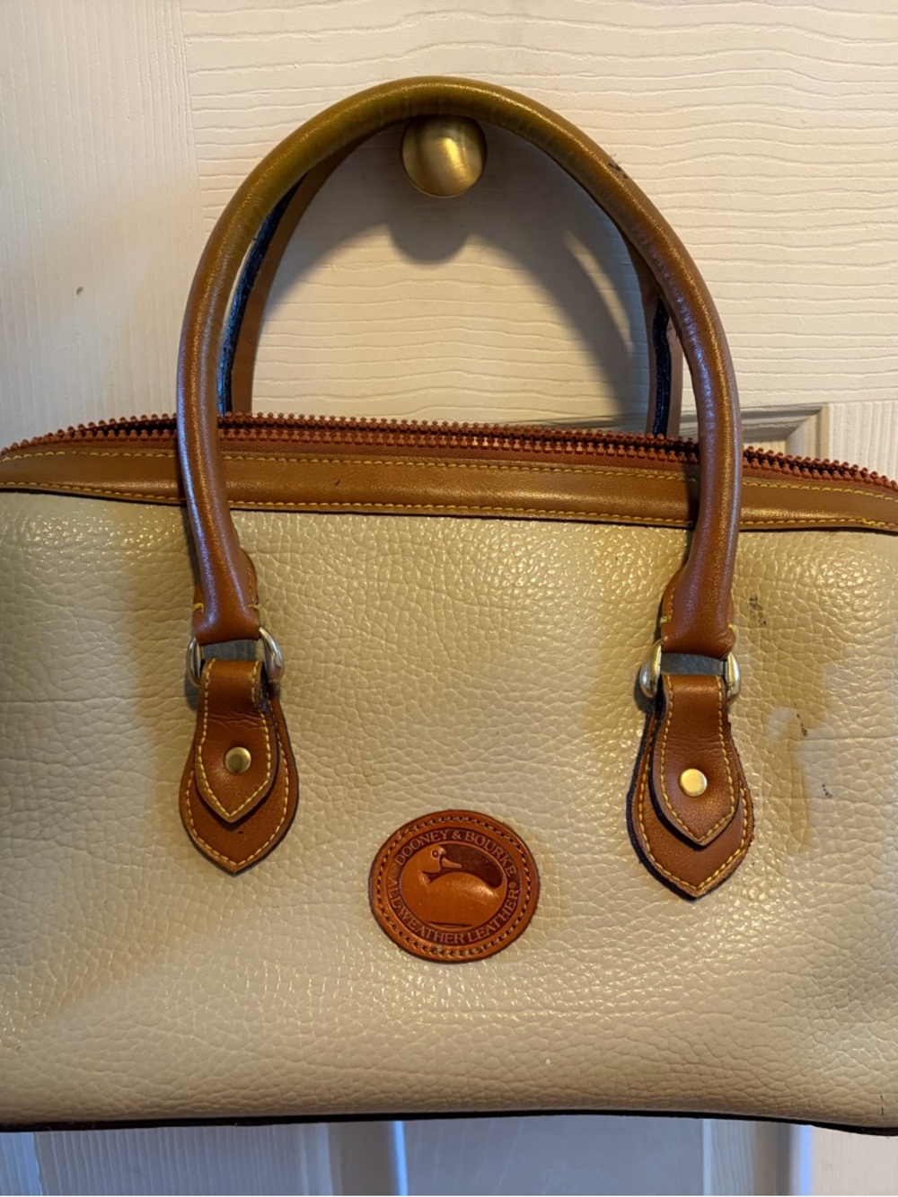 VINTAGE Dooney & Bourke Cream Leather Satchel with Brown Trim